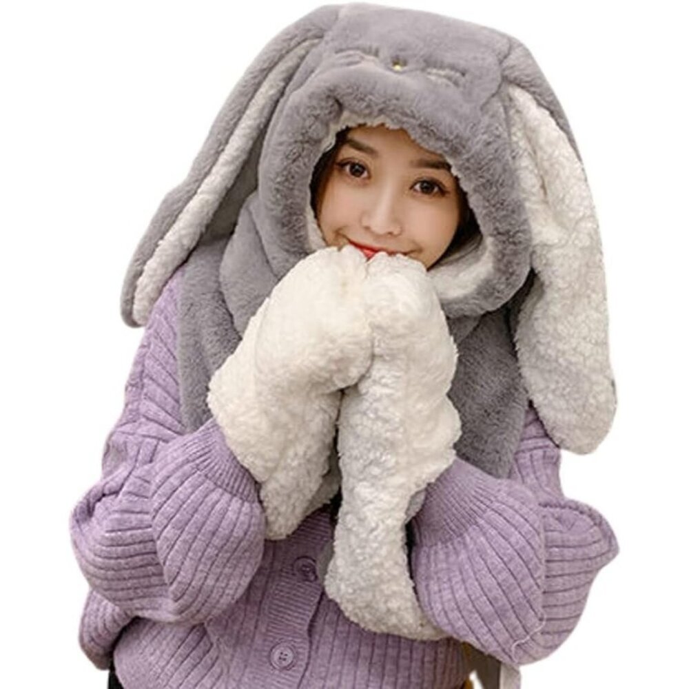 Cute Rabbit Ear Plush Beanie Hat Scarf Set Women Fluffy Fleece Hoodie Warm